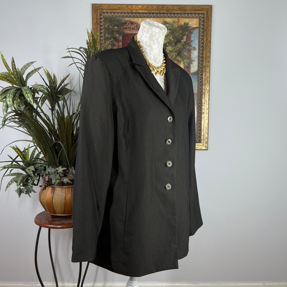 Le Suit Blazer Women 18 Black Polyester Rayon Pinstripe Four Button Front - Picture 2 of 8